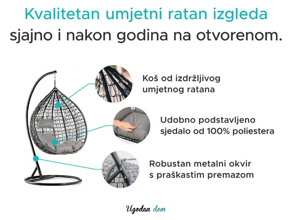 Siva viseća fotelja KOKON sa stalkom, bijelo-sivi jastuk