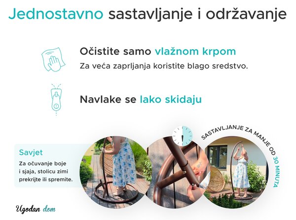 Siva viseća fotelja KOKON sa stalkom, bijelo-sivi jastuk