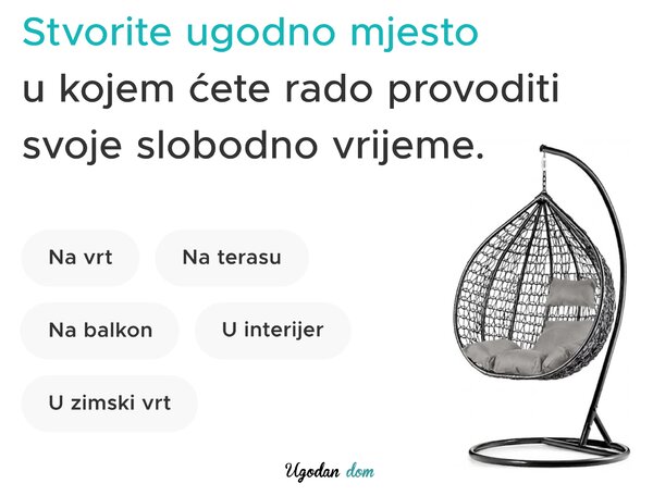 Siva viseća fotelja KOKON sa stalkom, bijelo-sivi jastuk
