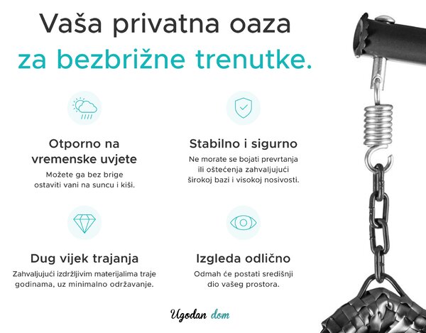 Siva viseća fotelja KOKON sa stalkom, bijelo-sivi jastuk