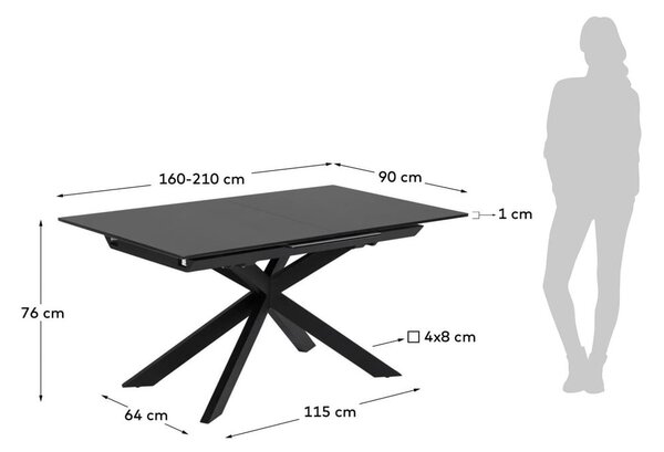 Crni proširiv blagovaonski stol sa staklenom pločom stola 90x210 cm Atminda – Kave Home