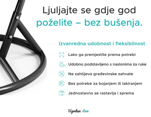 Siva viseća fotelja KOKON sa stalkom, bijelo-sivi jastuk