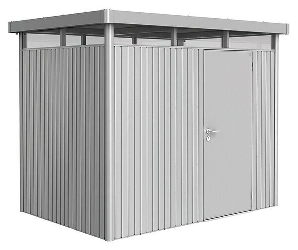 Biohort HighLine Spremište H2 (Metalik srebrne boje, Jedna vrata, Vanjska širina uklj. krovni prevjes: 275 cm, Vanjska dubina uklj. krovni prevjes: 195 cm, Čelik)