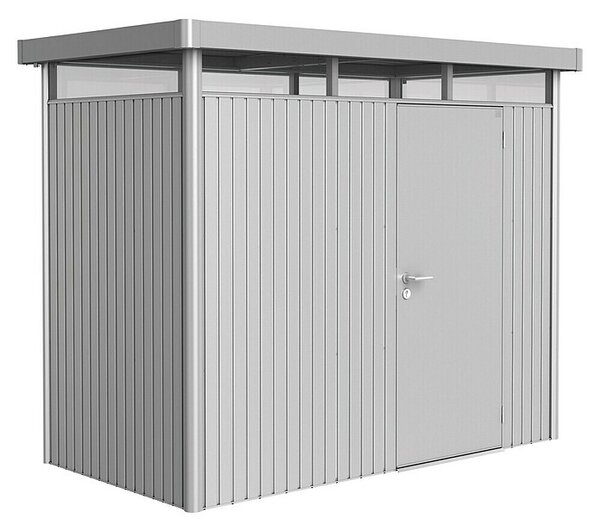 Biohort HighLine Spremište H1 (Metalik srebrne boje, Jedna vrata, Vanjska širina uklj. krovni prevjes: 275 cm, Vanjska dubina uklj. krovni prevjes: 155 cm, Čelik)