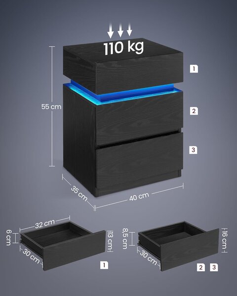 Noćni ormarić s LED rasvjetom, 3 ladice, 35 × 40 × 55 cm, crna | VASAGLE