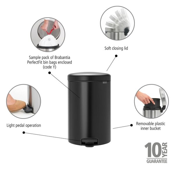 Mat crna željezna kanta za smeće s pedalom 20 l NewIcon – Brabantia