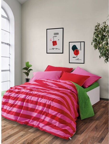 Zelena/ružičasta posteljina za bračni krevet/za produženi krevet od renforce pamuka s uključenom plahtom/4-dijelna 200x220 cm Cherie – Mijolnir