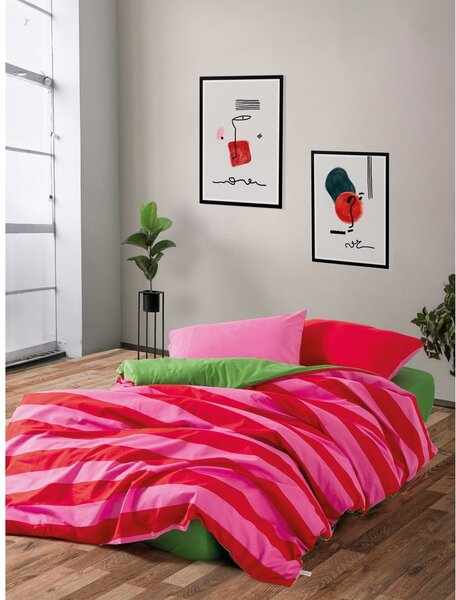Zelena/ružičasta posteljina za bračni krevet/za produženi krevet od renforce pamuka s uključenom plahtom/4-dijelna 200x220 cm Cherie – Mijolnir