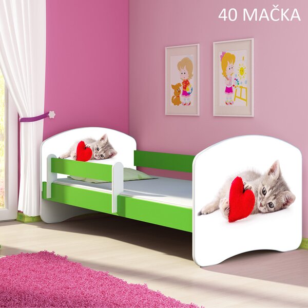 Dječji krevet ACMA s motivom, bočna zelena 140x70 cm 40 Mačka