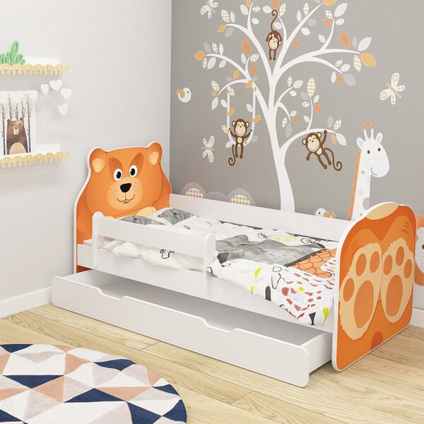 Dječji krevet ACMA Animals, bočna bijela + ladica 140x70 cm 05 Medo