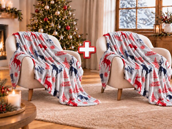 2x Siva božićna mikropliš deka MERRY CHRISTMAS DEER 160x200 cm