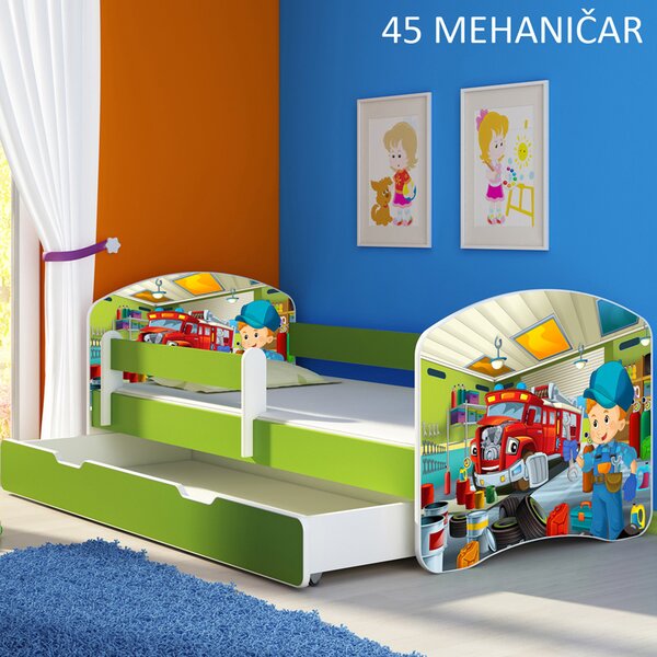 Dječji krevet ACMA s motivom, bočna zelena + ladica 140x70 cm 45 Mehaničar