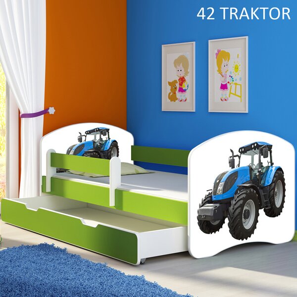 Dječji krevet ACMA s motivom, bočna zelena + ladica 140x70 cm 42 Traktor