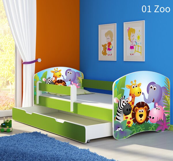 Dječji krevet ACMA s motivom, bočna zelena + ladica 140x70 cm 01 Zoo