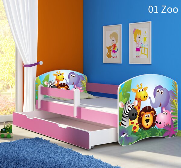 Dječji krevet ACMA s motivom, bočna roza + ladica 140x70 cm 01 Zoo