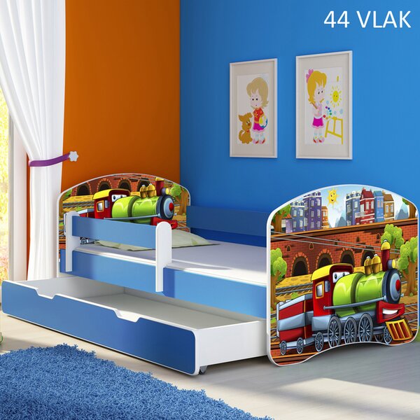 Dječji krevet ACMA s motivom, bočna plava + ladica 140x70 cm 44 Vlak