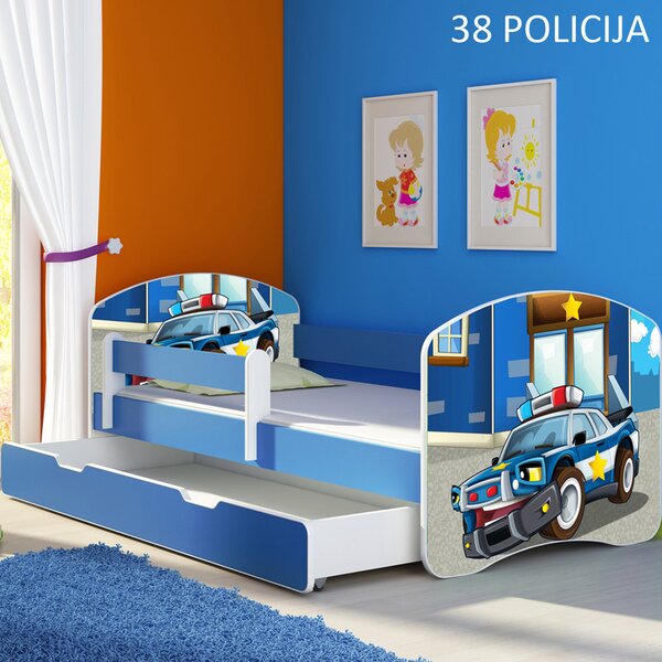 Dječji krevet ACMA s motivom, bočna plava + ladica 140x70 cm 38 Policija