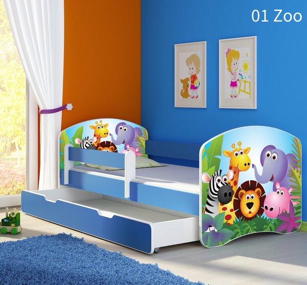 Dječji krevet ACMA s motivom, bočna plava + ladica 140x70 cm 01 Zoo