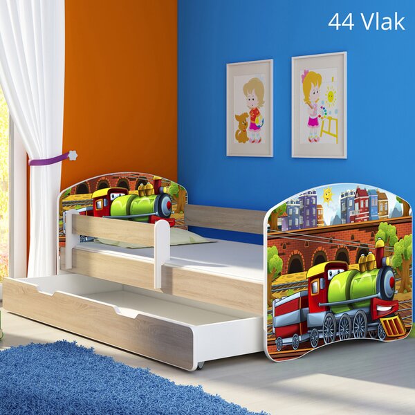 Dječji krevet ACMA s motivom, bočna sonoma + ladica 160x80 cm 44 Vlak