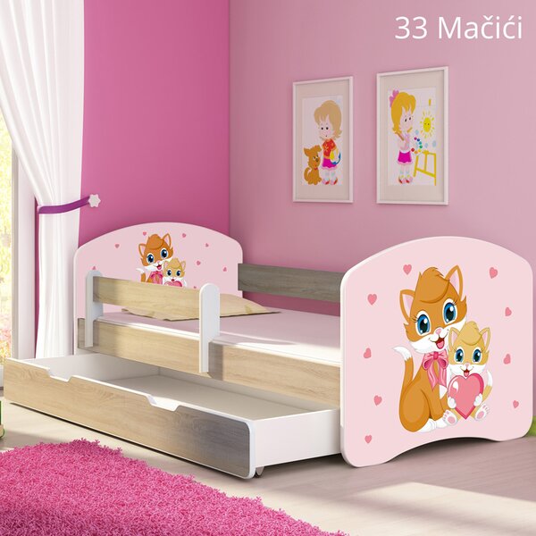 Dječji krevet ACMA s motivom, bočna sonoma + ladica 160x80 cm 33 Cats