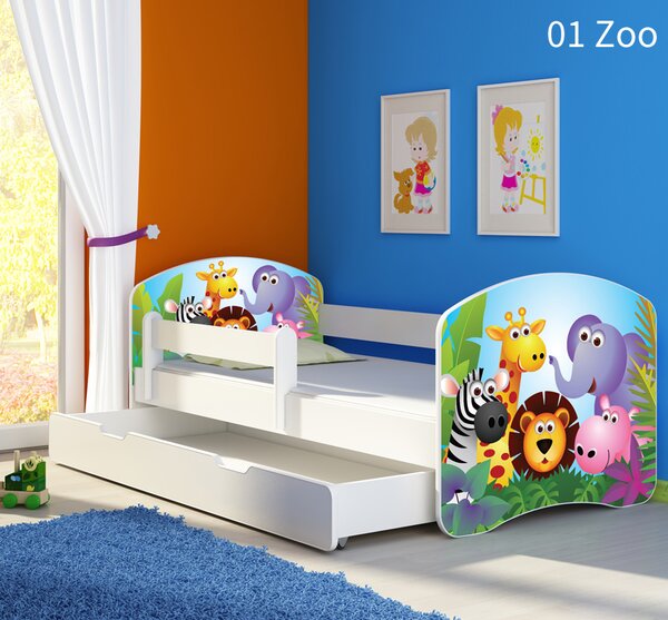 Dječji krevet ACMA s motivom, bočna bijela + ladica 140x70 cm 01 Zoo