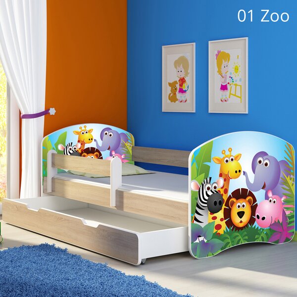 Dječji krevet ACMA s motivom, bočna sonoma + ladica 160x80 cm 01 Zoo