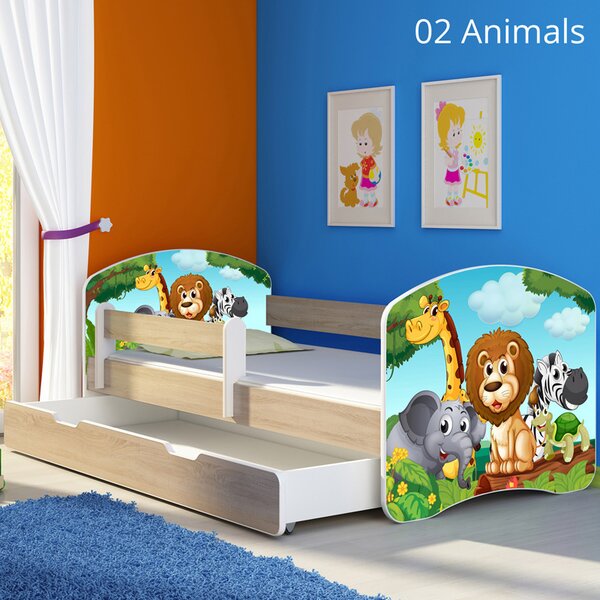 Dječji krevet ACMA s motivom, bočna sonoma + ladica 160x80 cm 02 Animals
