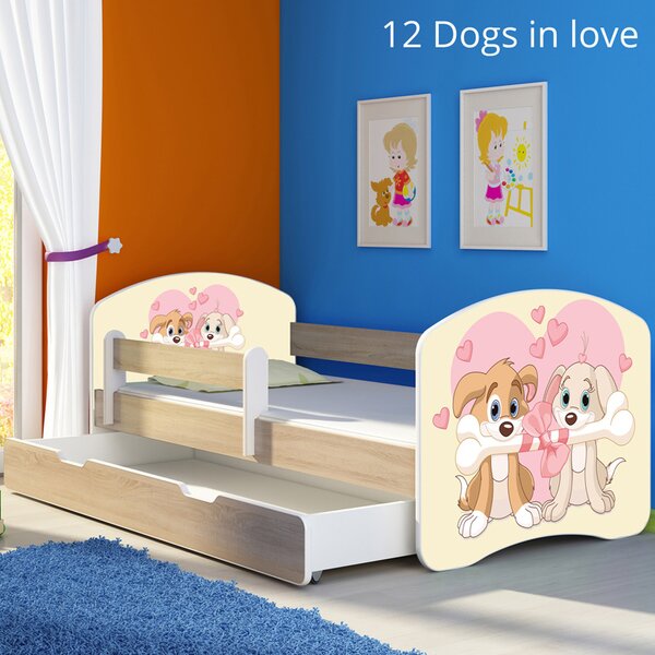 Dječji krevet ACMA s motivom, bočna sonoma + ladica 160x80 cm 12 Dogs in Love