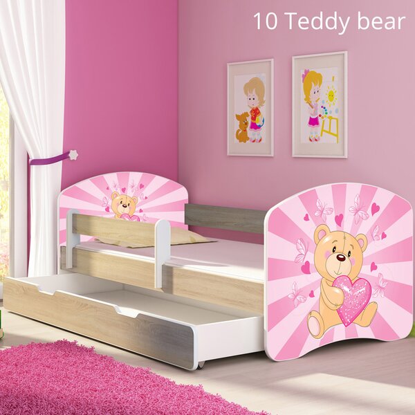 Dječji krevet ACMA s motivom, bočna sonoma + ladica 160x80 cm 10 Pink Teddy Bear