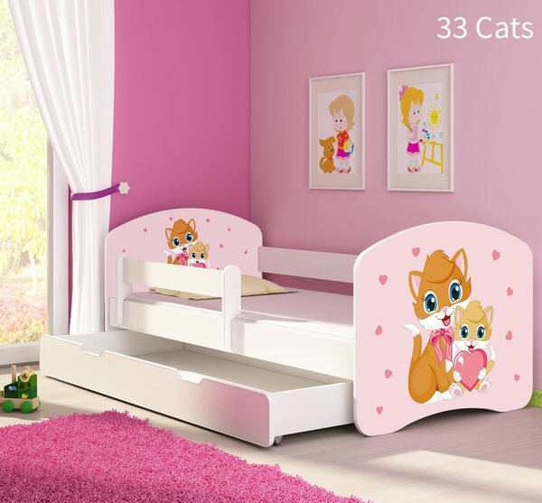Dječji krevet ACMA s motivom, bočna bijela + ladica 140x70 cm 33 Cats