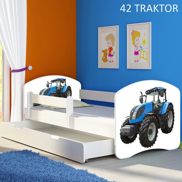 Dječji krevet ACMA s motivom, bočna bijela + ladica 140x70 cm 42 Traktor