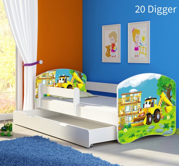 Dječji krevet ACMA s motivom, bočna bijela + ladica 140x70 cm 20 Digger