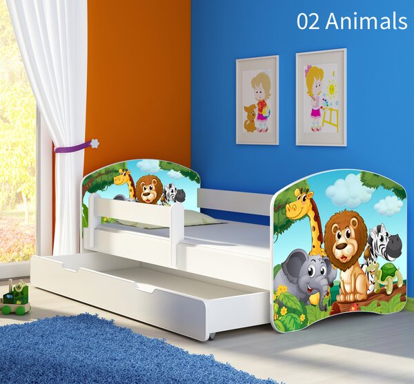 Dječji krevet ACMA s motivom, bočna bijela + ladica 140x70 cm 02 Animals