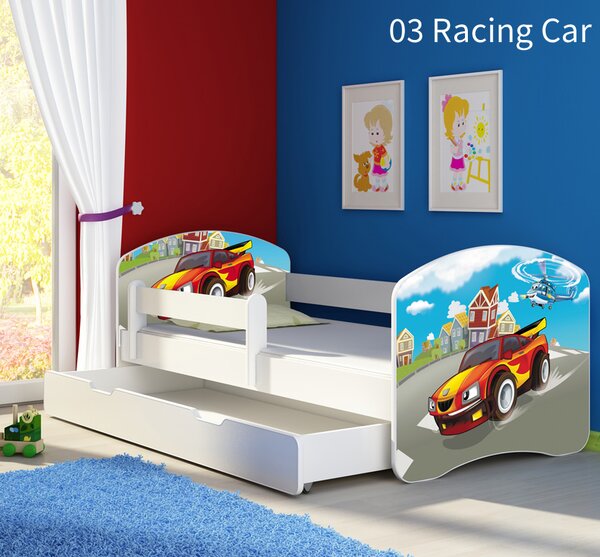 Dječji krevet ACMA s motivom, bočna bijela + ladica 140x70 cm 03 Racing Car