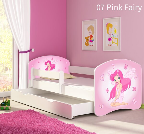 Dječji krevet ACMA s motivom, bočna bijela + ladica 140x70 cm 07 Pink Fairy