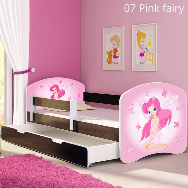 Dječji krevet ACMA s motivom, bočna wenge + ladica 140x70 cm 07 Pink Fairy