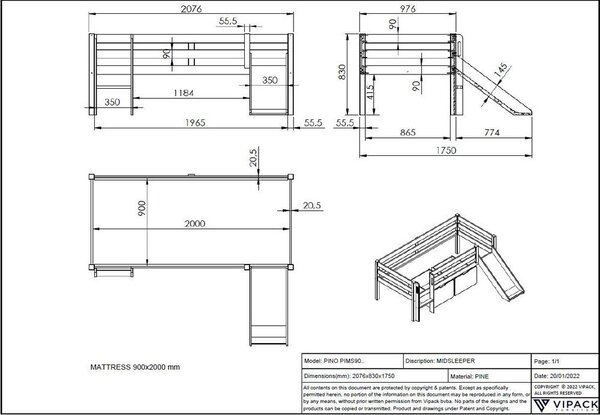 Bijeli dječji podignuti krevet s toboganom Vipack Pino, 90 x 200 cm
