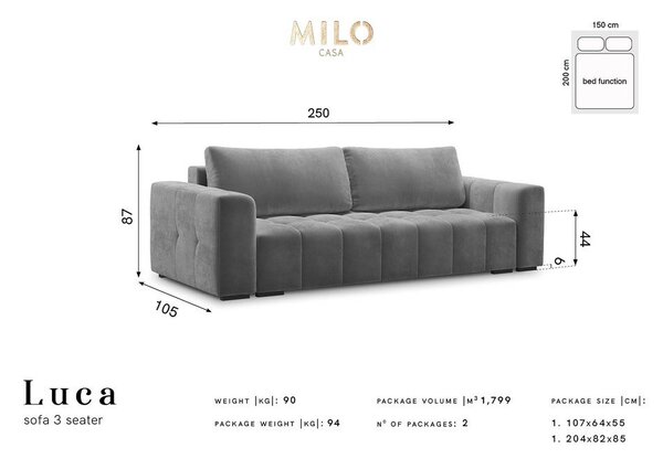 Svijetlosivi baršunasti kauč na razvlačenje Milo Casa Luca