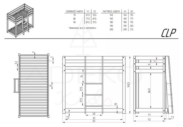 Dječji krevet na kat od borovine 80x200 cm CLP - Adeko
