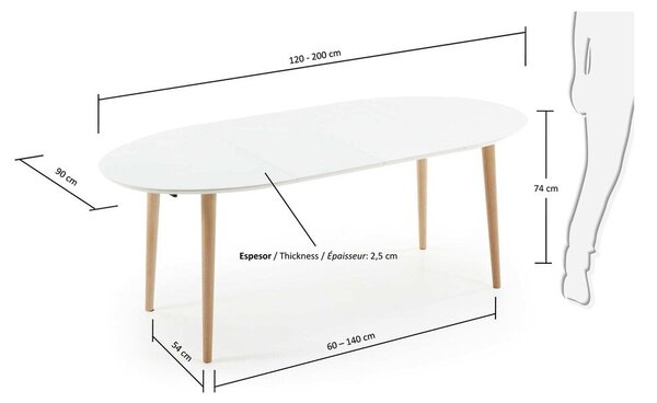 Bijeli proširiv blagovaonski stol s bijelom pločom stola 90x120 cm Oqui – Kave Home