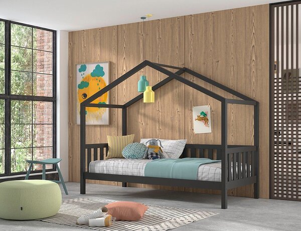 Antracitno sivi dječji krevet od masivnog bora u obliku kućice 90x200 cm DALLAS – Vipack