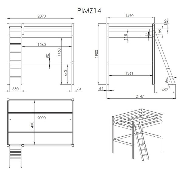 Bijeli dječji krevet s ljestvama Vipack Pino, 140 x 200 cm