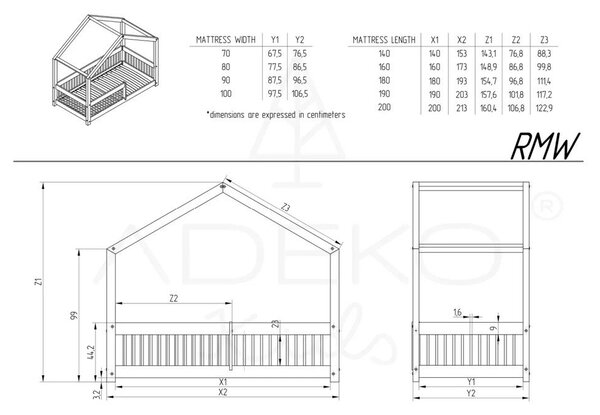 Dječji krevet od masivnog bora u obliku kućice 90x200 cm u prirodnoj boji Mila RMW – Adeko