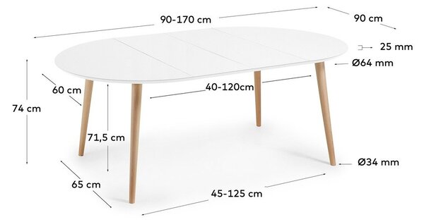 Bijeli okrugli proširiv blagovaonski stol s bijelom pločom stola ø 90 cm Oqui – Kave Home