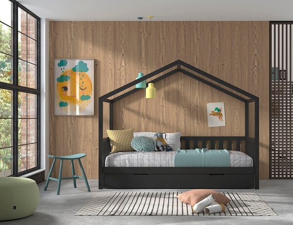 Antracitno sivi dječji krevet od masivnog bora u obliku kućice/s dodatnim ležajem s prostorom za pohranu 90x200 cm DALLAS – Vipack