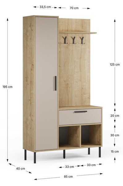 Krem/u prirodnoj boji set za hodnik u dekoru hrasta 108x195x35 cm Heidy – Marckeric