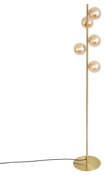 Art Deco vloerlamp messing met amber glas 5-lichts - Ryan