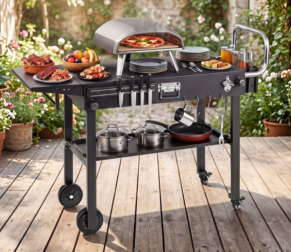 Vanjska kolica/stol za roštilj na kotačima sa sklopivom pločom i bočnom policom