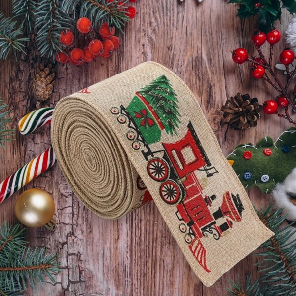 Božićna traka CHRISTMAS TRAIN 6,3 cm x 2 m, bež