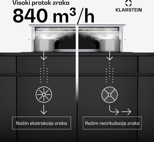 Klarstein Royal Flush Eco napa, 840 m³/h protoka zraka, koso, EEK A, 64 dB, LED diode